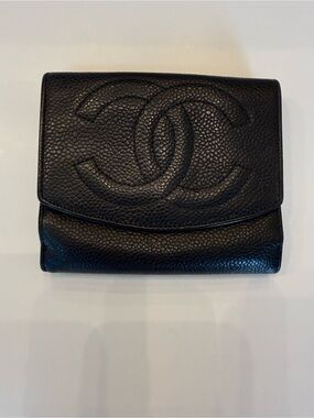 Authentic Chanel Black Caviar Leather CC Compact Bifold Wallet